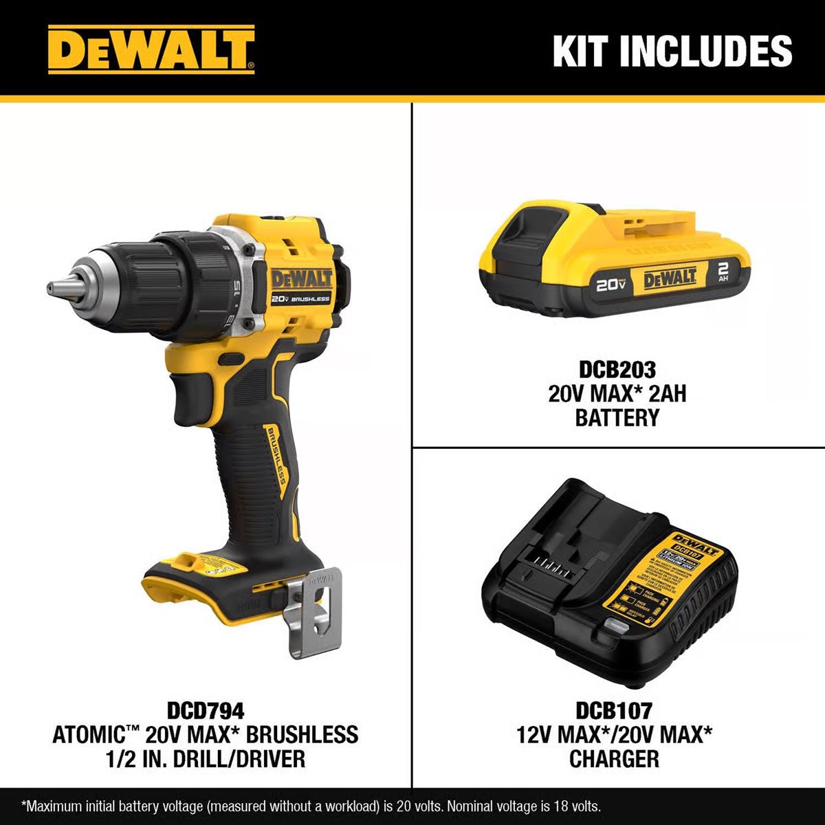 DEWALT 20V MAX ATOMIC 1/2 in. Brushless Cordless Drill/Driver Kit (Battery & Charger)