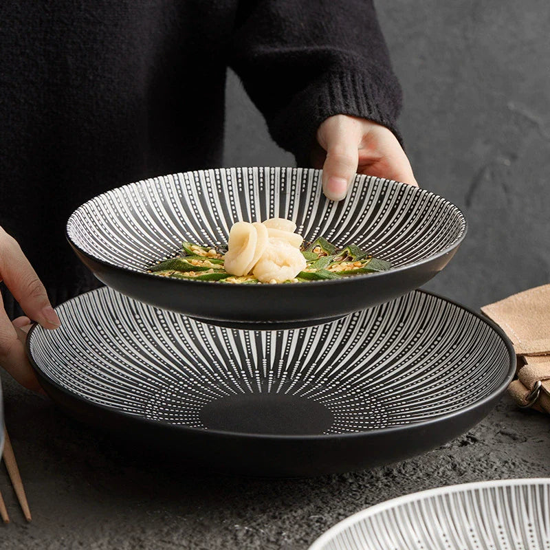 Nordic Luxury Ceramic Dinner Plate – Modern Black and White Porcelain Tableware for Home & Hotel