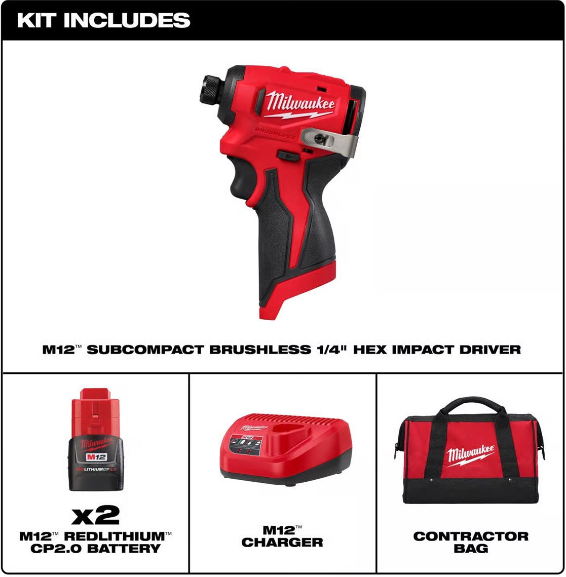 Milwaukee 1/4 in. Cordless Brushless Impact Driver Set Kit (Battery & Charger)